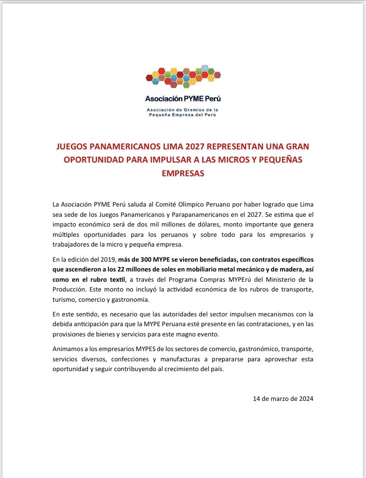 🚨COMUNICADO

#JuegosPanamericanos #Lima2027 son una gran oportunidad para impulsar al Perú y a las #mypesperuanas
🇵🇪🇵🇪