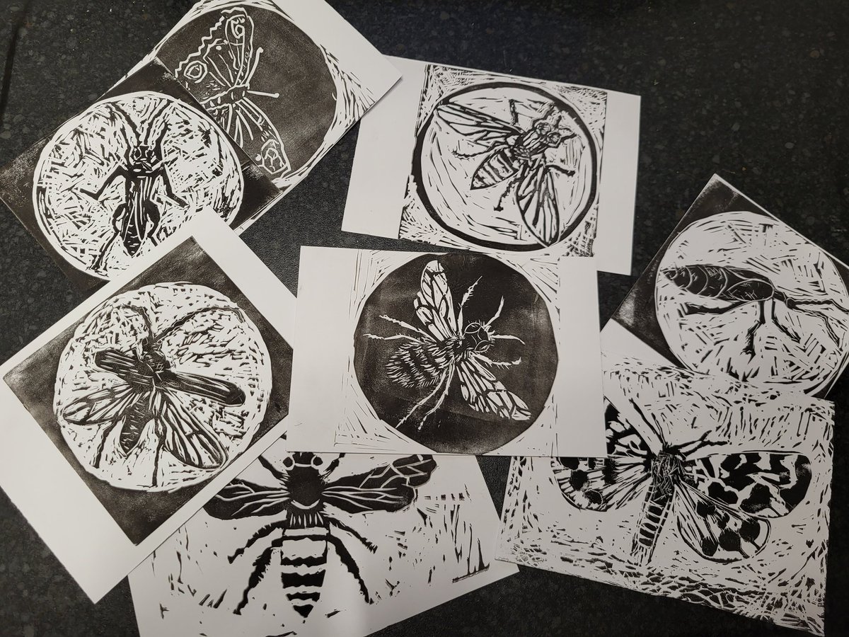 thebugfarmUK's tweet photo. How fabulous are these lino prints that Lou and Grace have created in preparation for our Easter Pollinator Trail craft workshops? Dates and times coming soon 🐝🪲🐞🪰🦟🌻 #PollinatorTrail #StDavidsPollinatorTrail @Pembrokeshire @davids_tta https://t.co/cs1mnEgl1x