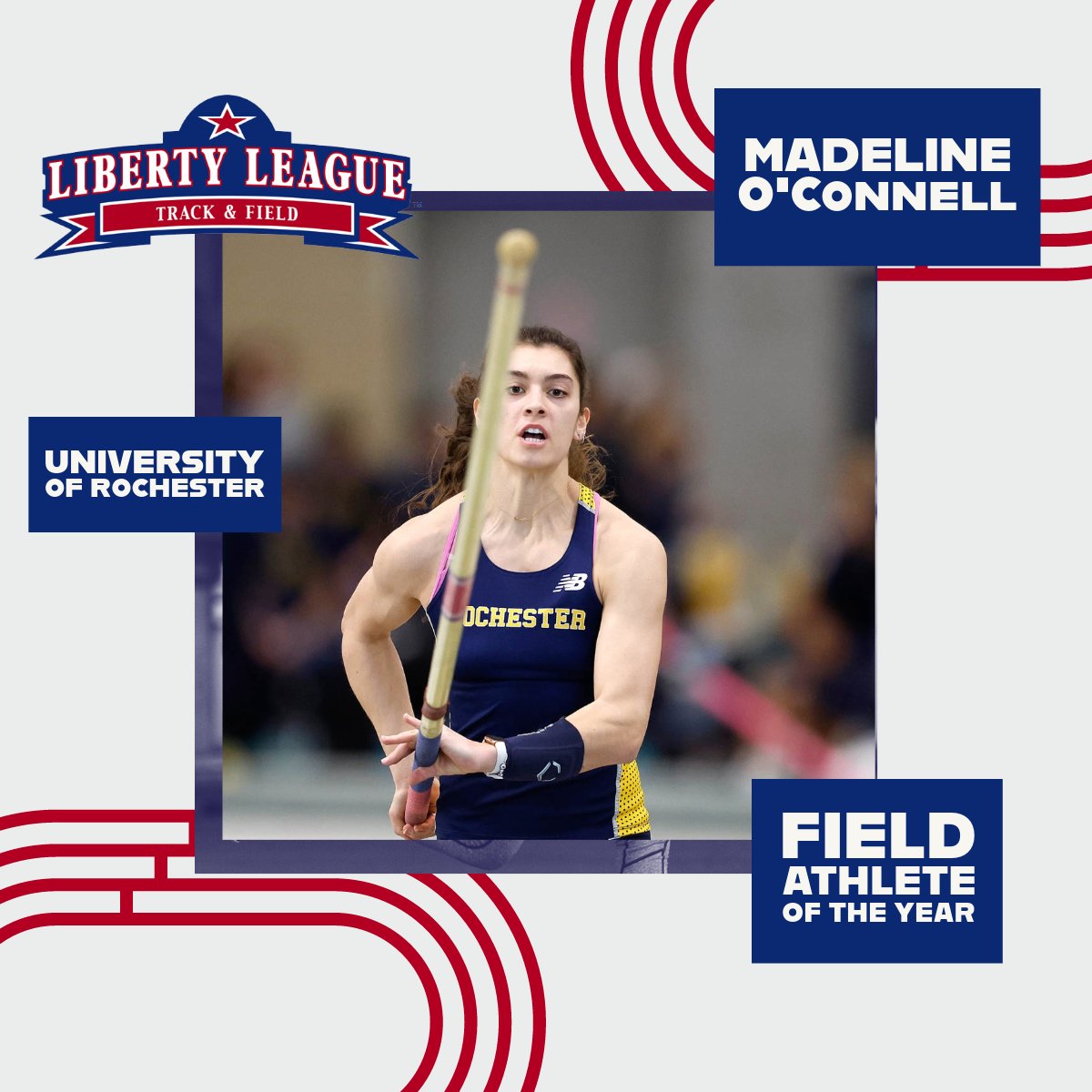 LLAthletics's tweet photo. Well done Madeline O'Connell of @UofRathletics, the 2023-24 Liberty League Women's Indoor Track &amp; Field Field Athlete of the Year! #LLTrackField https://t.co/bNG5g62TA1