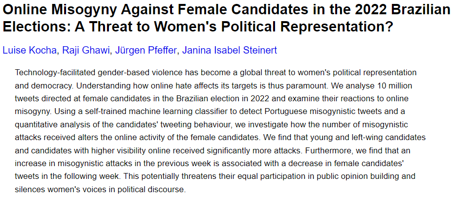New pre-print! We show evidence that online misogyny can have a deterrence effect on female political candidate. w/ @_LuiseKoch @rajighawi @jisteinert Thanks to @BIDT_Muenchen for funding this project. arxiv.org/abs/2403.07523