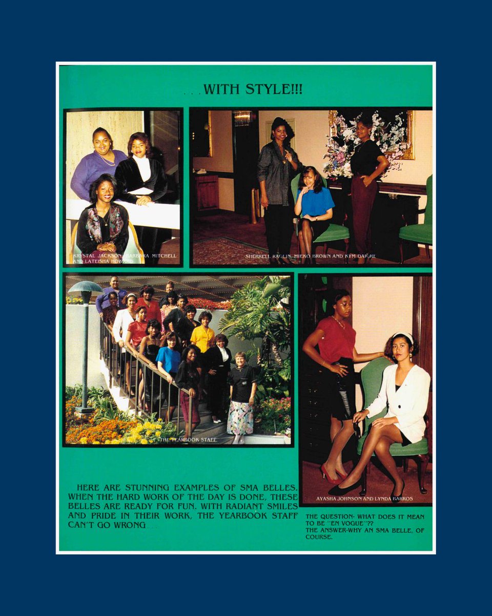 Photo 1: Green Tie Class of 1989
Photo 2: Superlatives from 1990
Photo 3: Yearbook Staff of 1991

#smabelles #bellepride #allgirlsschool #smaalumnae #bellealumna #flashbackfriday #yearbookphotos