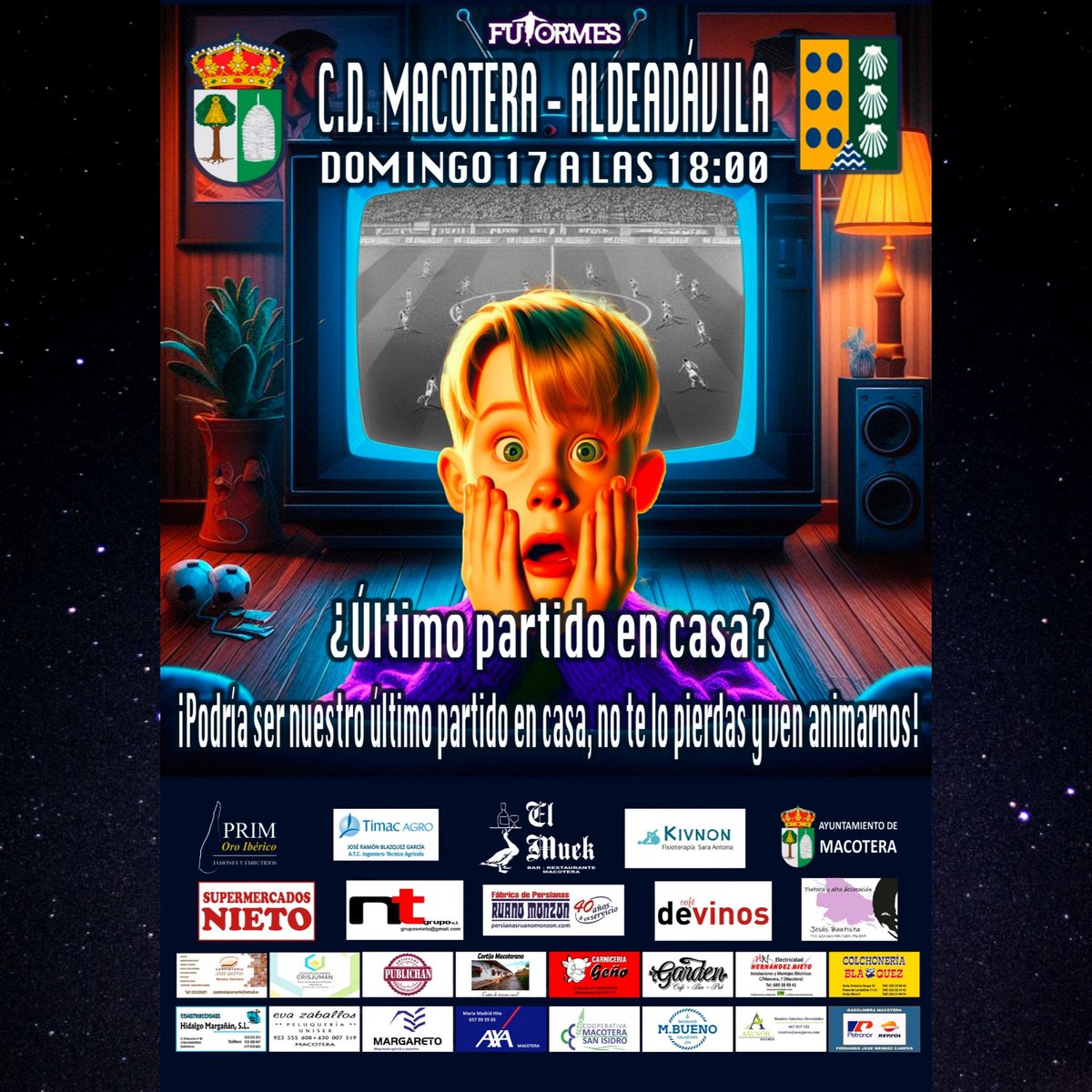 🏆 Jornada 19 Liga <a href="/futormes/">FUTORMES</a>
⚽️ <a href="/CDMacotera/">C.D. Macotera Fs</a> ⚔️ Aldeadavila FS
🏠 Pabellón Municipal de Macotera 
🗓 Domingo 17 de Marzo
⏰️ 1️⃣8️⃣:0️⃣0️⃣