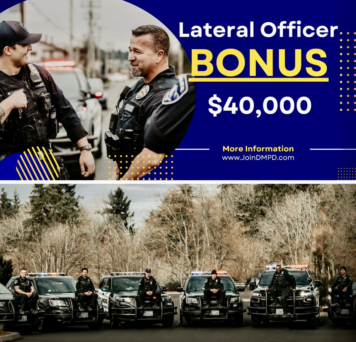 DMPGuild's tweet photo. 🚨 $40,000 hiring bonus for Lateral Officers, $5,000 for Academy Graduates and $3,000 for Entry-Level Officers.

🚓 Salary ranges for Police Officer from $83,000 to $131,000 + incentives.

Visit https://t.co/jseAr0SKDj today https://t.co/xKqM95bQct
