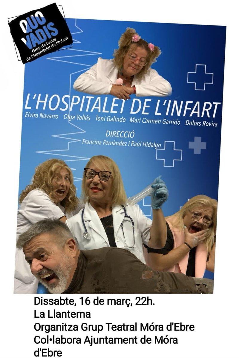 Dissabte 16 de març continua la mostra de teatre amateur de #moradebre organitzada pel #grupteatralmoradebre amb la col·laboració de <a href="/Ajmoradebre/">Móra d'Ebre</a> i #lallanternateatre. El grup #quovadisteatre de #hospitaletdelinfant presenta l'obra "l'Hospitalet de l'infart". No us la perdeu!