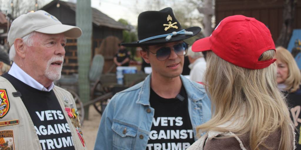 MAGA Republicans claim to support vets and the Constitution until they face veterans like us exercising our rights. 

Our members protested Kari Lake at her campaign event in AZ. Despite threats, we peacefully exercised the right we swore an oath to defend. 

#VetsAgainstTrump