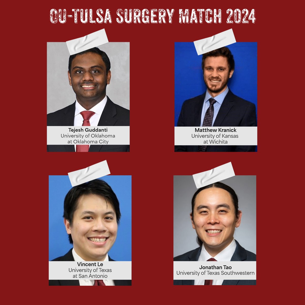 Happy Match Day!

We are delighted to introduce our new residents! Let's come together to extend a hearty welcome to them as they join the OU-Tulsa surgery family. 

#wemakesurgeons
#surgeryresidency
#matchday2024