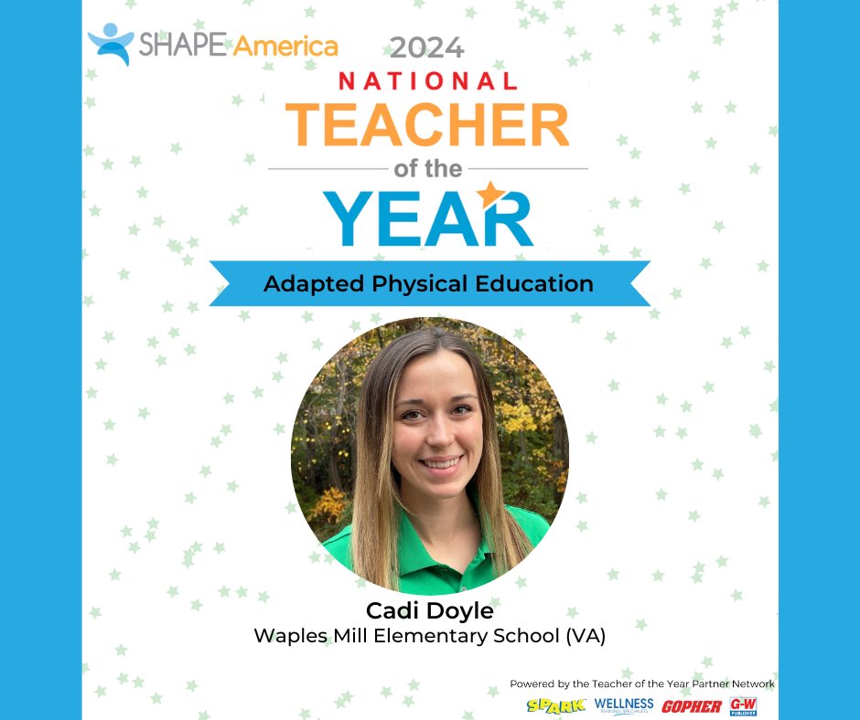 Congratulations to our 2024 National Adapted Physical Education Teacher of the Year, Cadi Doyle, Waples Mill Elementary School, Oakton, VA #SHAPECleveland