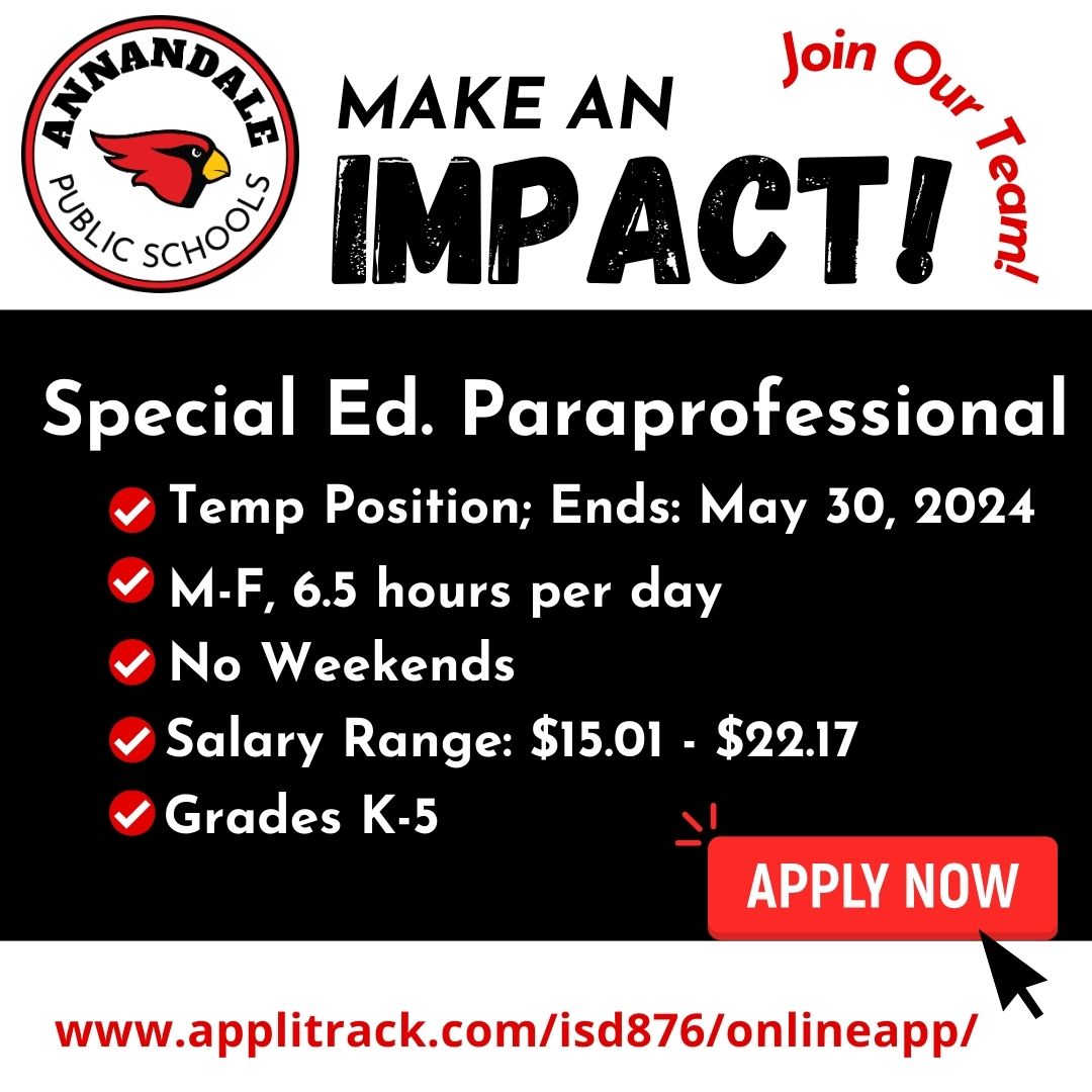 Join our team! Help make an impact at our elementary! We are hiring a Special Ed. Paraprofessional temporary position with an end date of May 30. No weekends. M-F w/ 6.5 hr days. Salary: $15.01-$22.17.🔗For more info, and to apply visit: applitrack.com/isd876/onlinea…
#isd876 #nowhiring