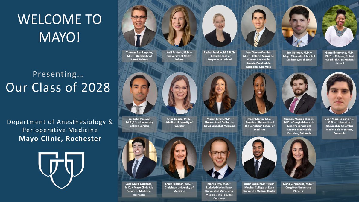 MayoAnesthesiaResMN (@mayoanesres) on Twitter photo Congratulations to the <a href="/MayoAnesthesia/">Mayo Clinic Department of Anesthesiology</a> Class of 2028!
We are excited to have you join our program. 🙌
<a href="/BridgetPulos/">Bridget Pulos, MD, FASA</a> #Match2024 #MatchDay Congratulations to the <a href="/MayoAnesthesia/">Mayo Clinic Department of Anesthesiology</a> Class of 2028!
We are excited to have you join our program. 🙌
<a href="/BridgetPulos/">Bridget Pulos, MD, FASA</a> #Match2024 #MatchDay