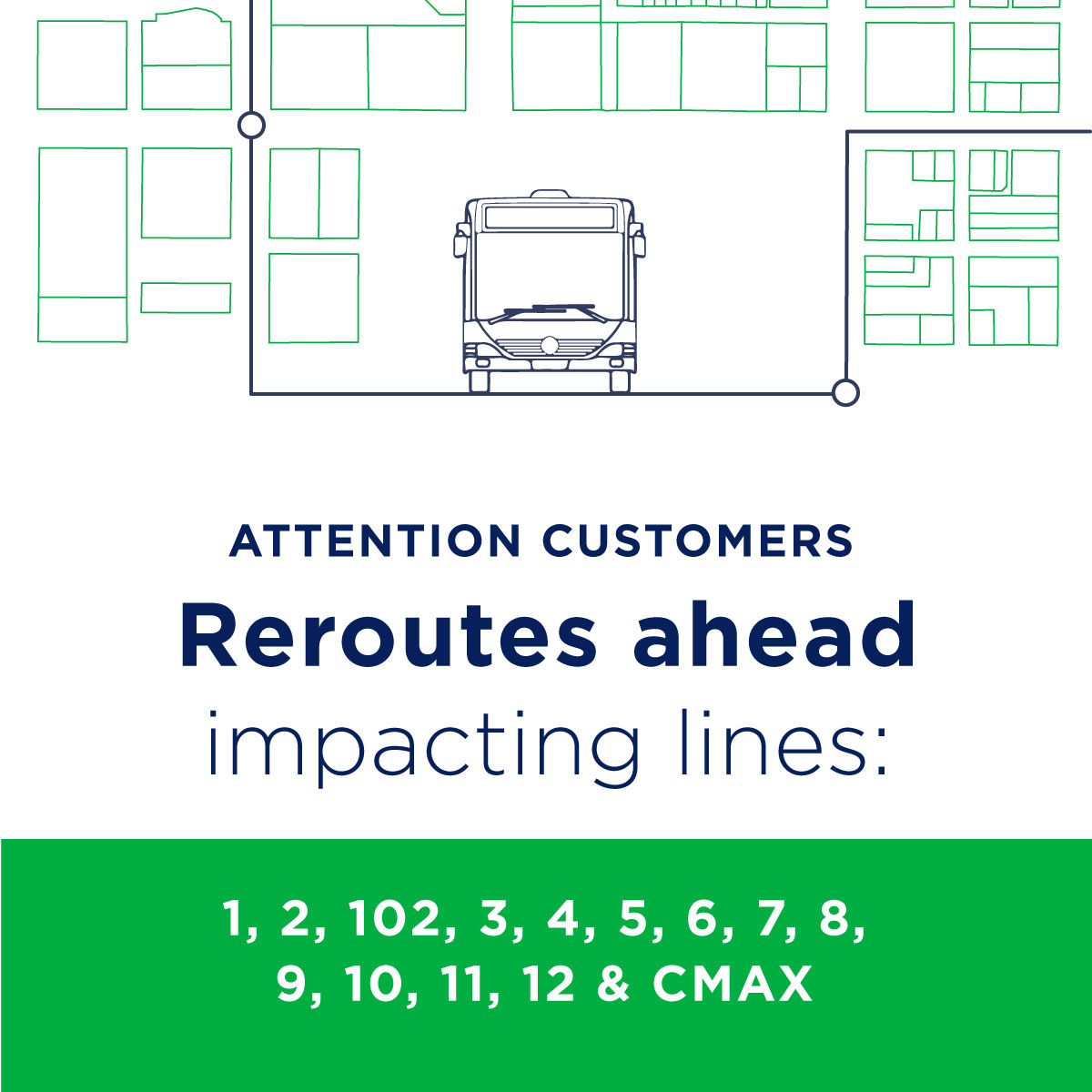 Please be advised that COTA services will temporarily reroute on March 17 for the Shamrock Parade, impacting Lines 1, 2, 102, 3, 4, 5, 6, 7, 8, 9, 10, 11, 12 and CMAX. Learn more at COTA.com