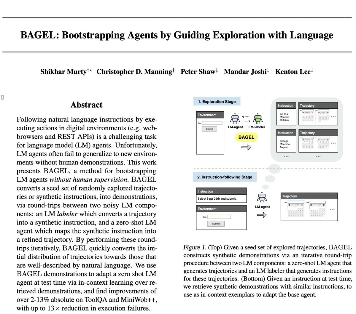 Want scalable LLM agents for websites and APIs, without human labeled data? We propose BAGEL, a method where agents synthesize their own data by exploring the environment first, leading to upto 13% improvement over zero shot agents, & automated discovery of use-cases in envs!