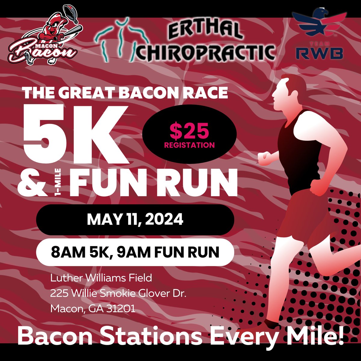 The Great Bacon Race is back! We are again partnering with Erthal Chiropractic to benefit a great cause, Team RWB. Join us at 8am on May 11th at Luther Williams Field for the most fun race of the year. Register now: runsignup.com/Race/GA/Macon/…