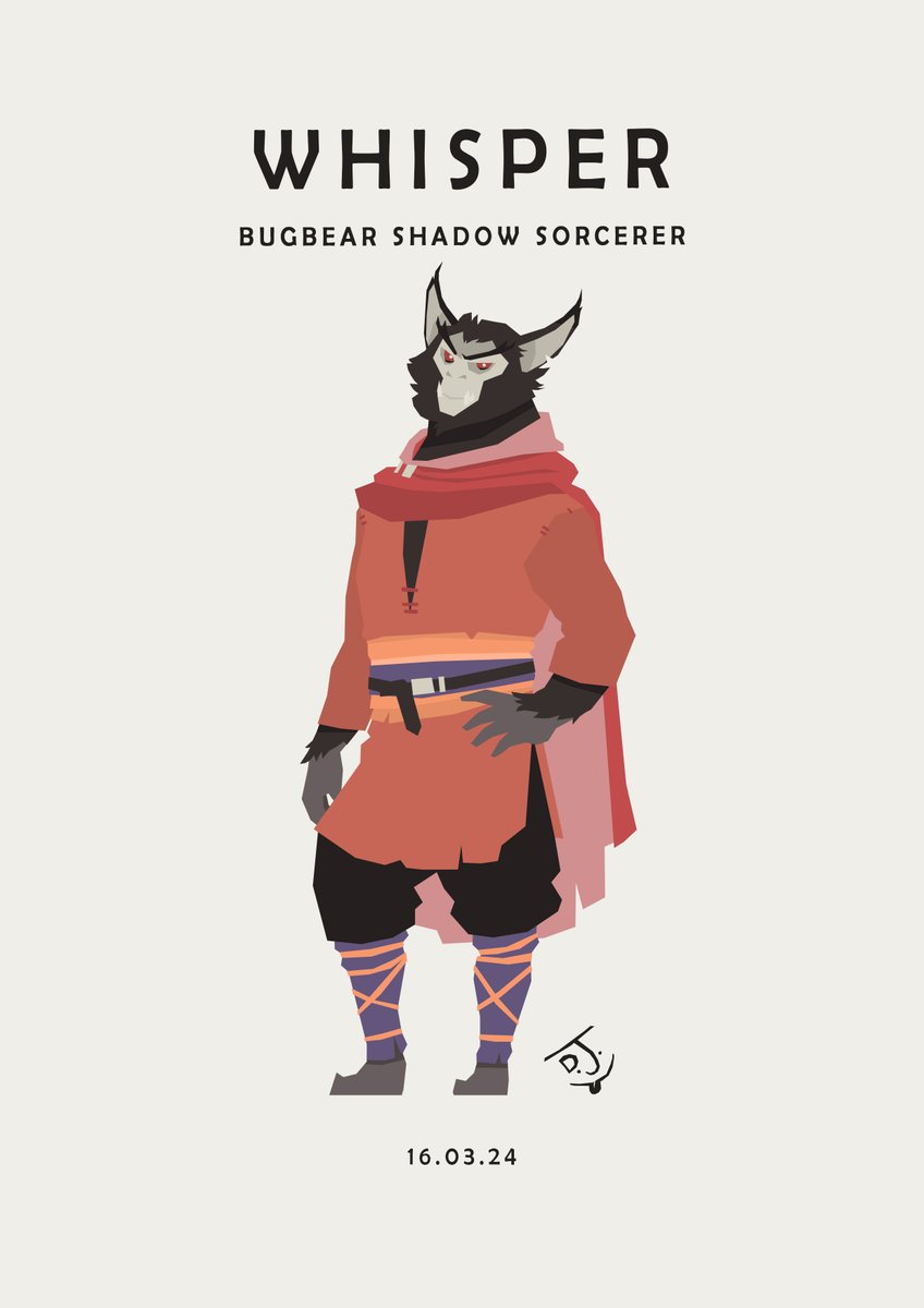 Despite his gloomy origin of magic and monochrome complexion, Whisper is a colourful character. To counter his unsettling ability to stand completely still and make no sound when moving, Whisper dresses brightly to make his presence known. #Bugbear #sorcerer