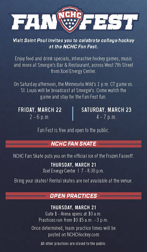 Several fan events are planned for next weekend around the 2024 #FrozenFaceoff! We hope to see you in @SaintPaul! 🥳 Open team practices Thurs. 🥅 Fan Skate at @XcelEnergyCtr ⛸️ #NCHChockey Awards Celebration 🏅 NCHC Fan Fest at Smorgie's 🍔🍺🏒 📰: bit.ly/24FanEventsFro…