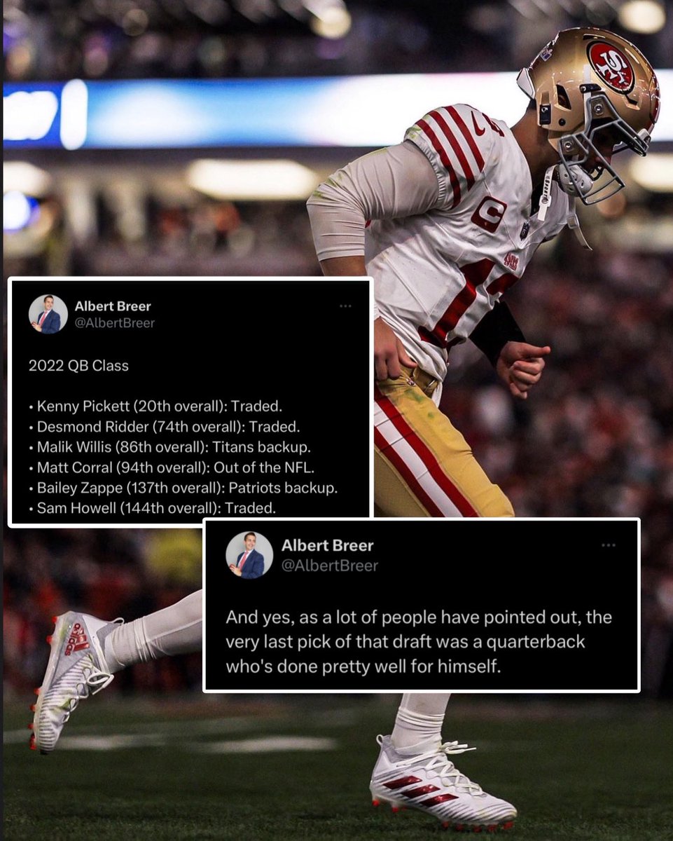 OurSf49ers's tweet photo. Brock Purdy went from last pick to QB 1 of his entire draft class 👑 

#49ers || #FTTB https://t.co/KTdj40X8jm