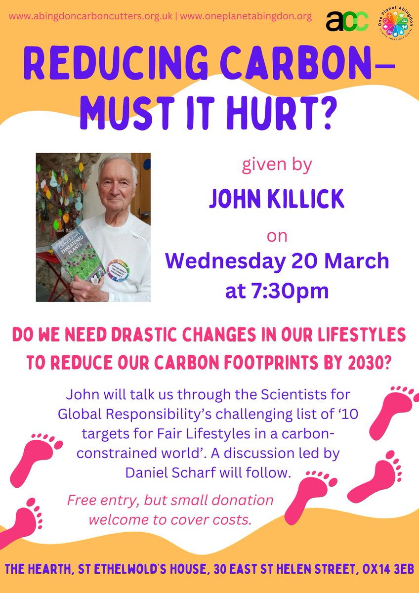 Our next monthly meeting is happening on 20 March at St Eth's! Join us at 7:30pm to hear John Killick speak about 'Reducing Carbon—Must it Hurt?'. #ReducingCarbonFootprint #Abingdon @1PlanetAbingdon