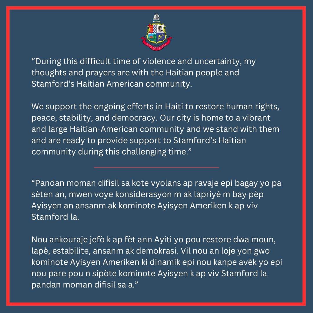 Stamford stands in solidarity with our Haitian-American community and the people of Haiti during this difficult time of ongoing violence and instability. 🇭🇹