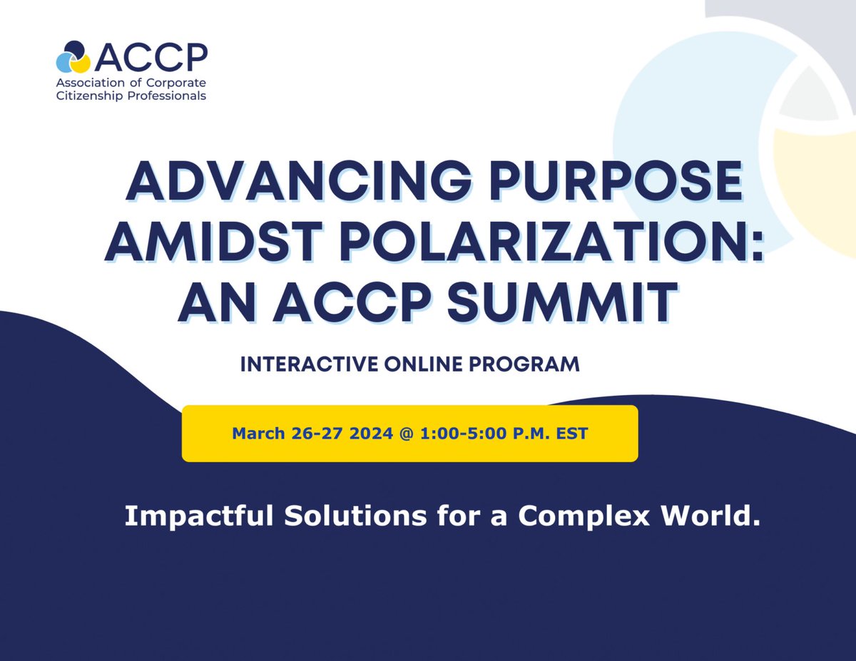 Time’s ticking! Last week to register for March’s summit on “Advancing Purpose Amidst Polarization”. Don’t miss out on expert-led sessions that explore CSR, ESG, and DEI strategies in a world divided. accp.me/4aGABE5