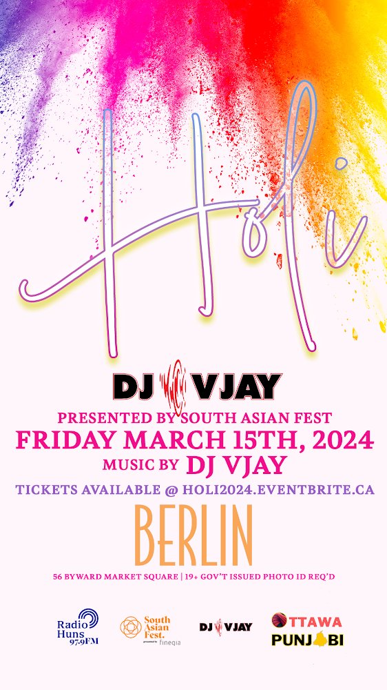 Tonight - Holi Party - at 56 Berlin (56 Byward Market) catch me spinning #Bollywood &amp; #Punjabi music all night long. Grab your last minute tickets at Holi2024.eventbrite.ca .

#DJVjay #Ottawa