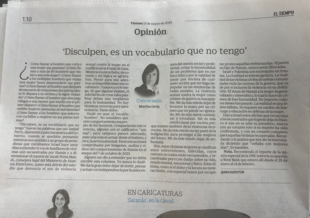 "DISCULPEN, ES UN VOCABULARIO QUE NO TENGO"

Esta sentida y sincera respuesta de la gran <a href="/AmitalPerry/">Amital Perry</a> sobre las atrocidades cometidas por Hamás originó la imperdible columna de Martha Ortiz <a href="/MOrtizEDITOR/">Martha Ortiz</a> en "El Tiempo" de Colombia. 

No dejen de leerla