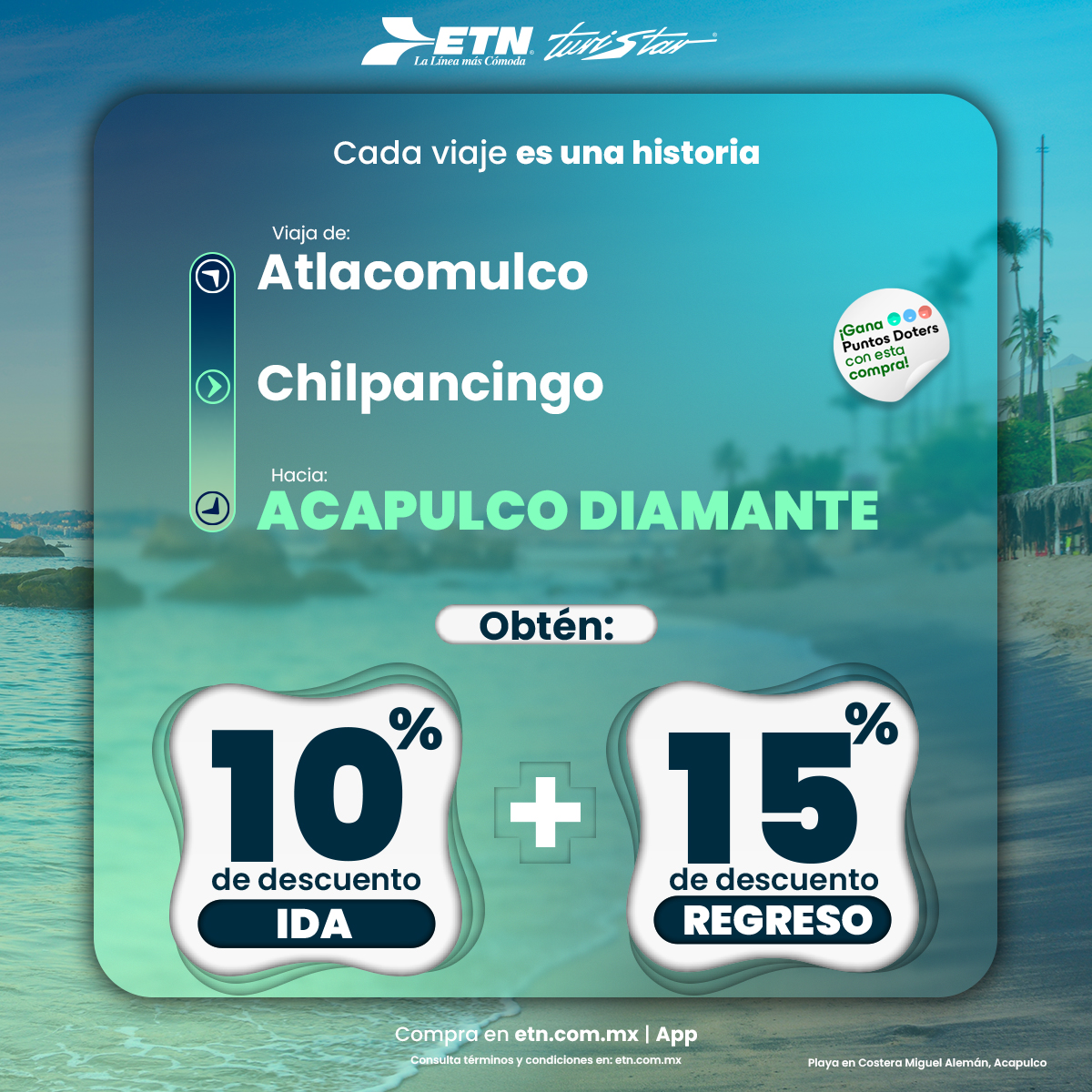 ETNTURISTAR's tweet photo. Desde Atlacomulco y Chilpancingo, viaja hacia las ricas playas de Acapulco Diamante 🌴✨ con #ETN #Turistar obtén 10% de descuento en tu boleto de ida + un 15% en tu regreso. 🚌
Compra tus boletos en https://t.co/bq9X2hZe15 o en tu app ETN. 📲 https://t.co/TaYQ8JMrWB