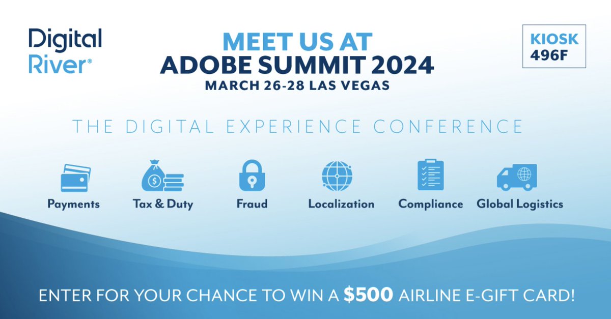 Excited to announce that Digital River will be at #AdobeSummit in Las Vegas from March 26th-28th! Swing by our booth (Kiosk 496F) for a chance to win a $500 #Delta e-gift card & discover how we can help you GO GLOBAL effortlessly. #DigitalRiver #AdobeSummit #merchantofrecord
