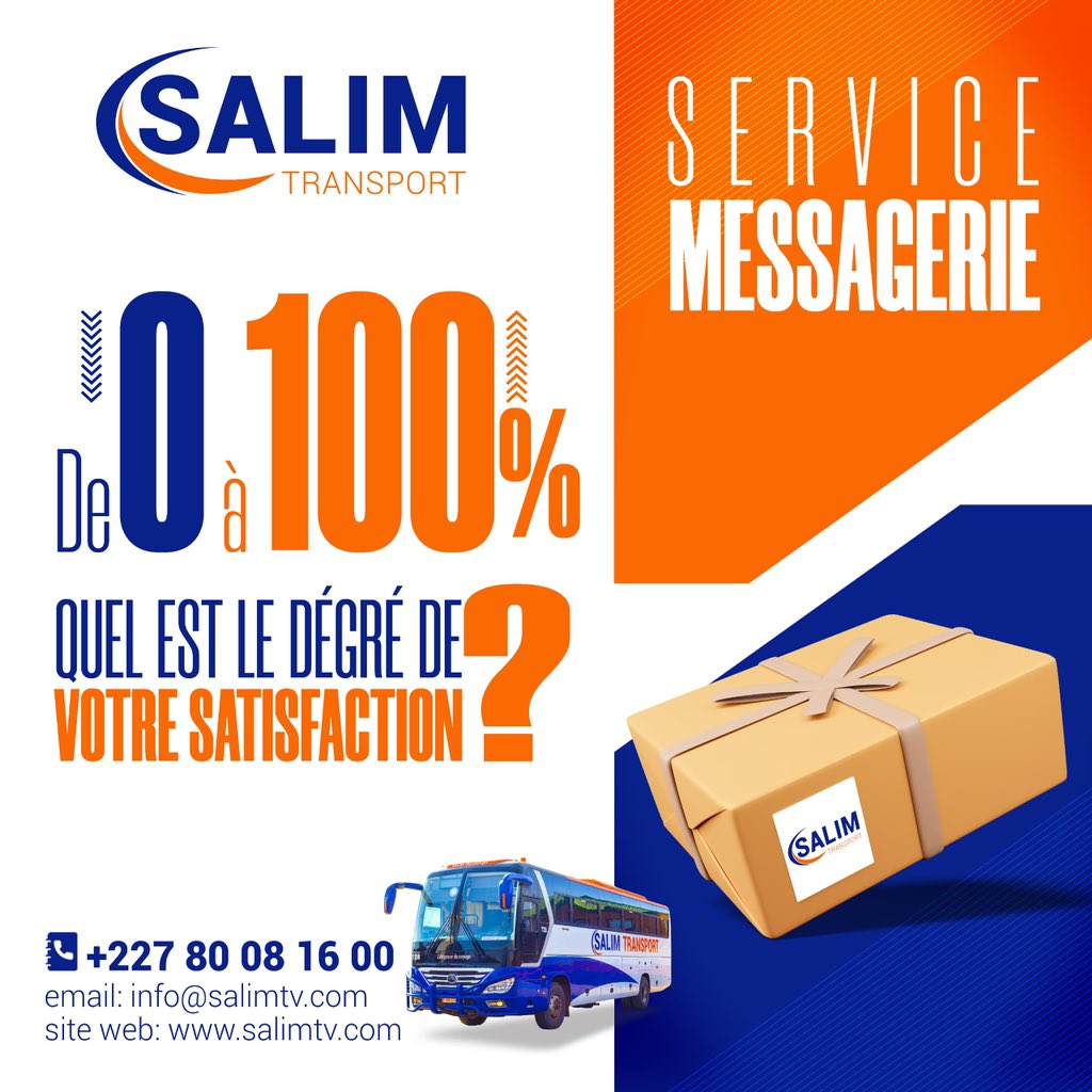 Un service de qualité efficace et efficient c'est chez Salim Transport, l'envoie et la réception de vos colis en toute sécurité.
Que pensez-vous de notre service messagerie, partagez votre degré de satisfaction avec nous de 0 à 100 % 
L'élégance du voyage💙🧡 
BONNE RUPTURE