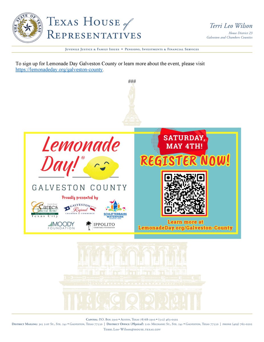Lemonade Day Galveston County is coming up soon! I encourage our young Texans to sign up for this incredible opportunity that encourages entrepreneurship in our community.