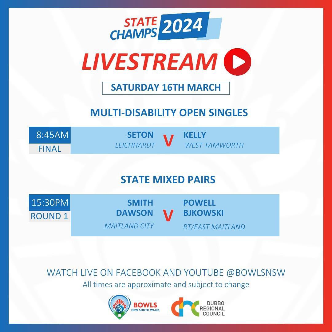 Schedule Day 5️⃣ | State Champs

The Multi-Disability State Championships concludes today with the finals of the Open Singles &amp; Reserve Singles. Attention then switches to the Mixed State Pairs 🤩

📺 Watch live on Bowls NSW Facebook and Youtube from 8:45am

#BowlsNSWStateChamps