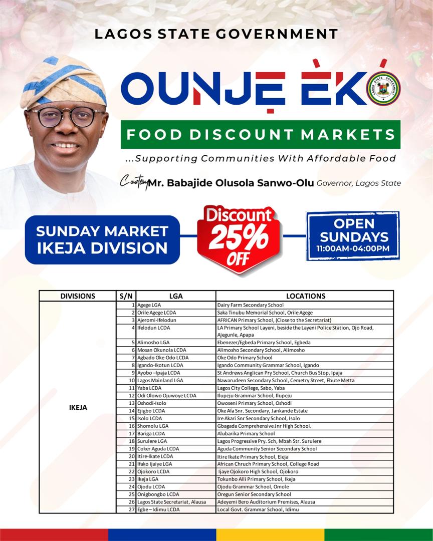 followlasg's tweet photo. 'OUNJE EKO' FOOD MARKETS OPEN ACROSS LAGOS FROM SUNDAY

Governor Babajide Olusola Sanwo-Olu has directed that 'Ounje Eko' food markets should commence discounted sale of food items across the five divisions of Lagos effective from Sunday, March 17, 2024.

@jidesanwoolu 
#LASG https://t.co/oaf6lOKnNa