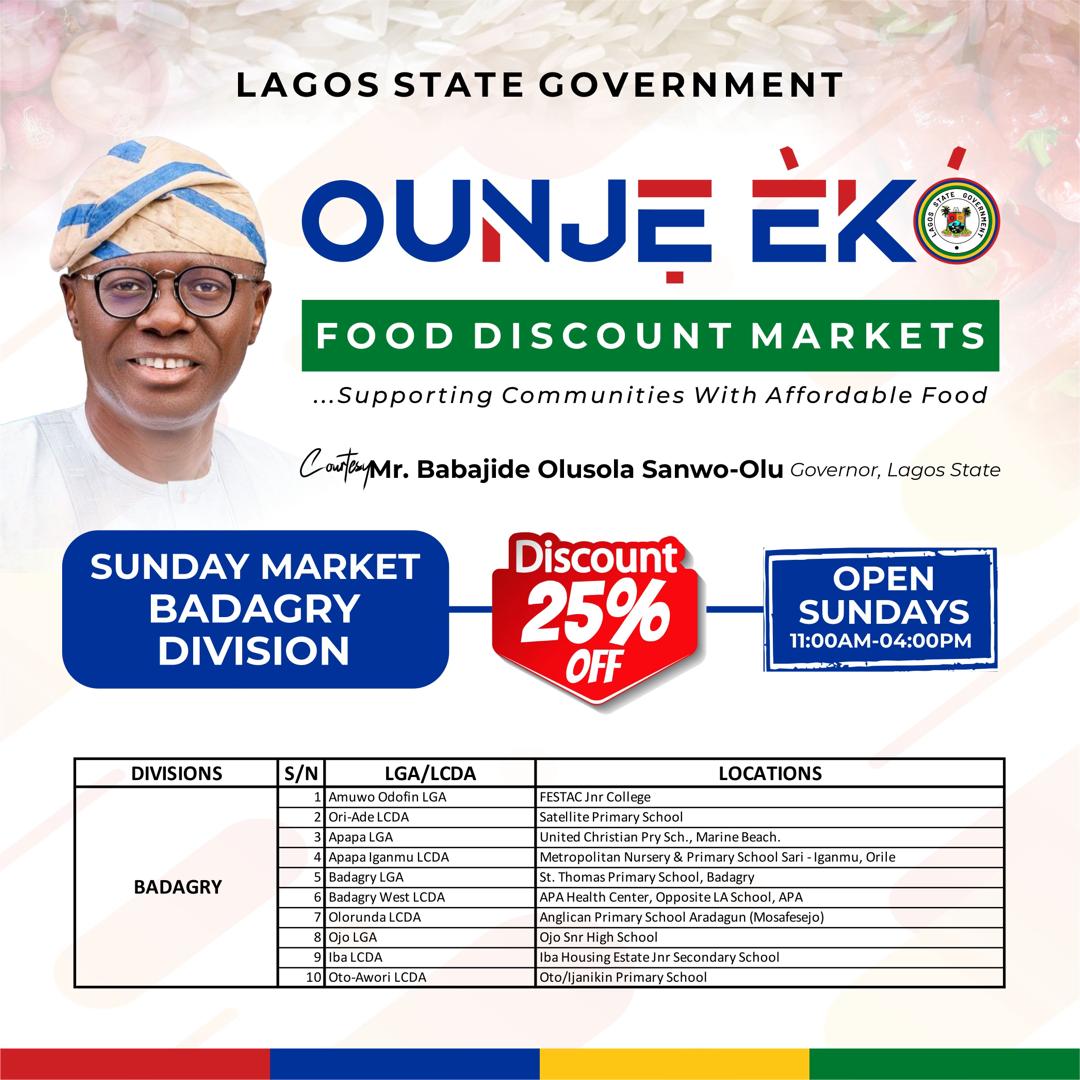 followlasg's tweet photo. 'OUNJE EKO' FOOD MARKETS OPEN ACROSS LAGOS FROM SUNDAY

Governor Babajide Olusola Sanwo-Olu has directed that 'Ounje Eko' food markets should commence discounted sale of food items across the five divisions of Lagos effective from Sunday, March 17, 2024.

@jidesanwoolu 
#LASG https://t.co/oaf6lOKnNa