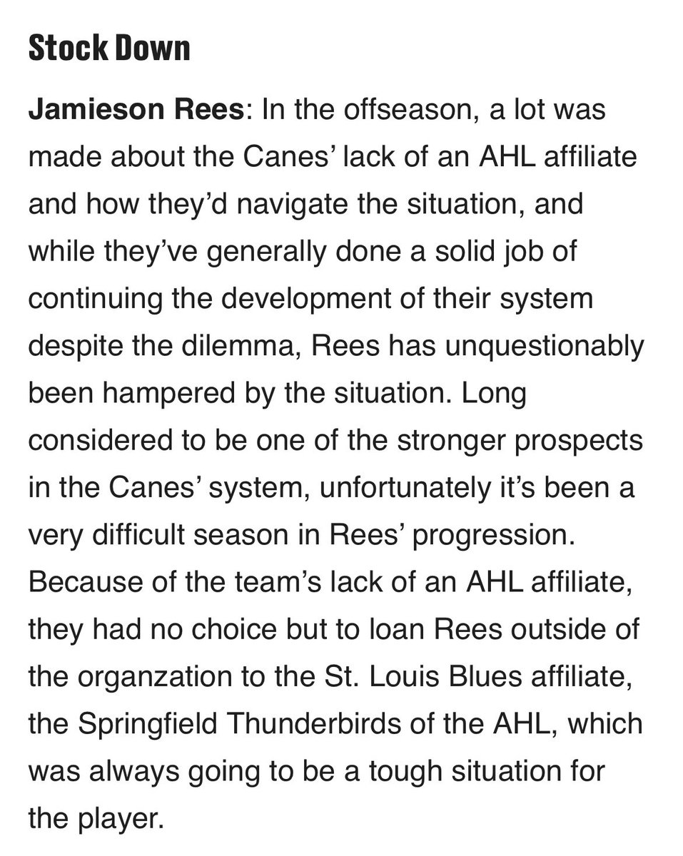 FutureCanes's tweet photo. Hereโs what I wrote on Jamieson Rees in my #FutureCanes piece a couple weeks ago.
More than anything, this is a player that needs a fresh start. Ottawa is taking a risk-free swing on a player with a good track record that hasnโt been put in a position to succeed this year. https://t.co/a7U3mHUBcS