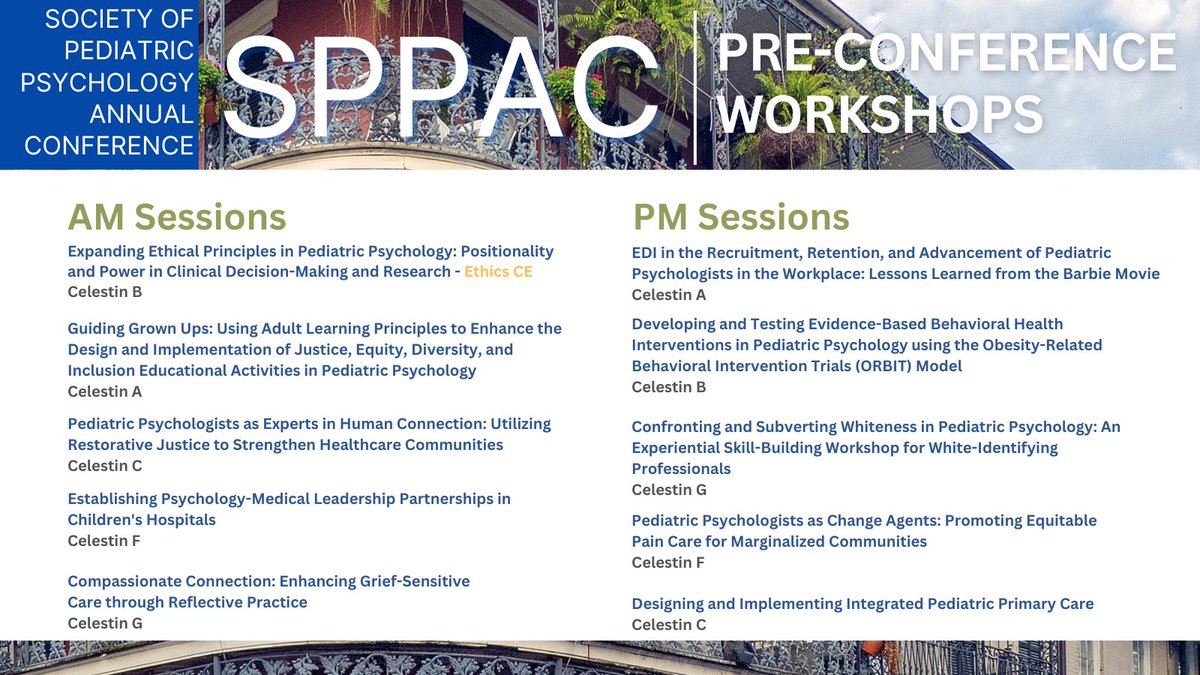Did you know you can still register for pre-conference workshops at #SPPAC2024?! Registrants can attend up to two workshops - one in the AM session and one in the pm session! All workshops offer at least 2.5 CE credits! Learn more about SPPAC 2024 here: pedpsych.org/meetings-event…