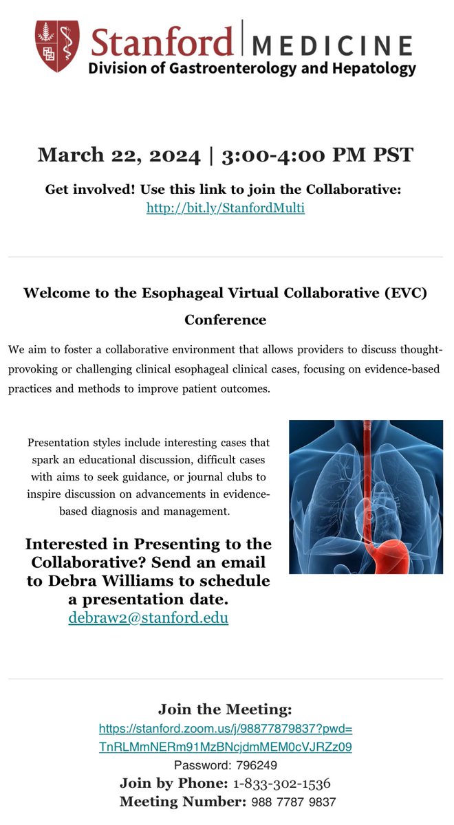 Looking forward to this upcoming #esophageal virtual collaborative conference through @Stanford_GI! @UMN_GIHep APP Megan Affeldt will be presenting on discordant esophageal function testing! 🗓️March 22 ⏰3-4p PT #GITwitter