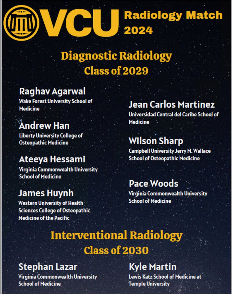 We're excited to welcome our Diagnostic Rad Class of 2029 and Interventional Rad Class of 2030! We'll share more about the newest members of our family soon. Until then drop them some🖤&💛 #VCUAlumni #MatchDay2024 #RadRes #futureradres