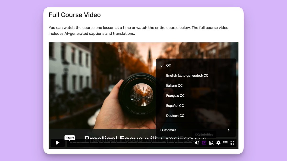 LearnOmniFocus's tweet image. Practical Focus with #OmniFocus now includes a full-course video with chapters and AI-generated French, German, Italian &amp;amp; Spanish translations. 

Please let us know what you think: vist.ly/qq8y

p.s. We plan to add full course videos to our other OmniFocus 4 courses.