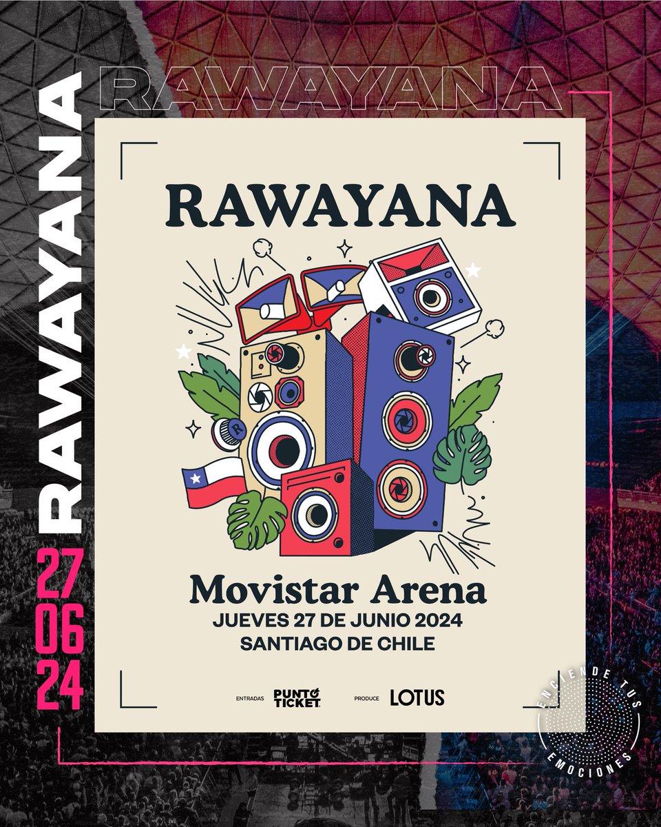 ☀️🌴🔊 @Rawayana llega a #MovistarArena #Chile🇨🇱 con el 27 de junio 2024 para disfrutar lo mejor del trippy pop que #EnciendeTusEmociones🤩✨ 🎫 Entradas a la venta desde ya en @puntoticket 👉 Produce @lotusmusica