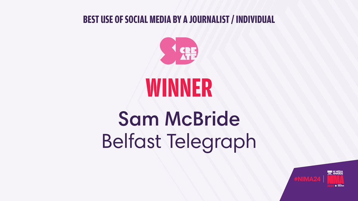 Congratulations to @SJAMcBride @BelTel on winning the Best Use of Social Media By a Journalist (Individual) award 👏👏👏 Thank you to @SDCreateCo for sponsoring the award. #NIMA24