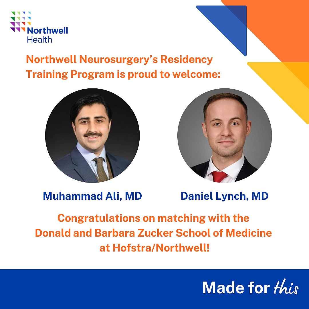 Congratulations to Dr. Muhammad Ali and Dr. Daniel Lynch on matching with the @ZuckerSoM! 🩺🎉 We are honored to welcome you to @NorthwellHealth Neurosurgery. Here’s to success, growth, and the future of the neurosciences! 🧠