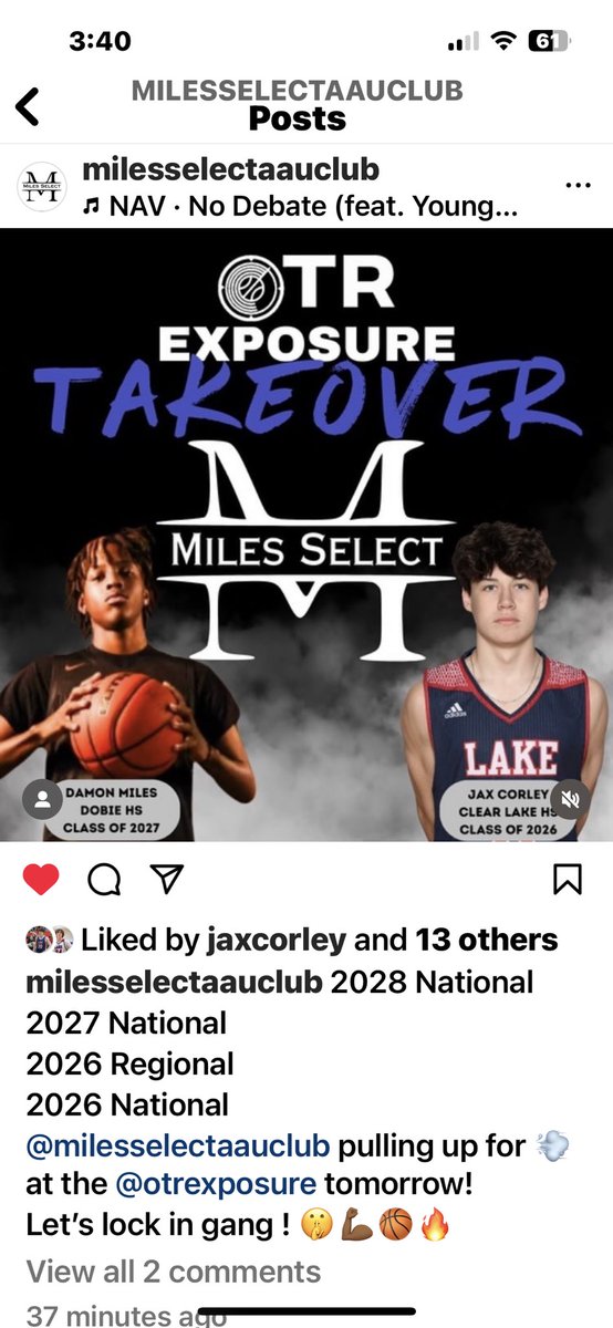 Good luck to @JaxCorley and all the Lake guys rolling with @MilesSelect ! #WinGames