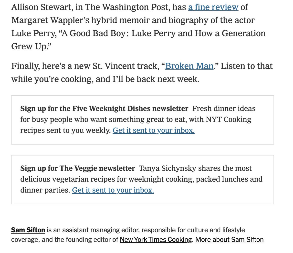 You never know where your book will end up. @SamSifton mentions it in his NYT nostalgia-themed newsletter (and recommends Allison Stewart's WaPo review). He namechecks St Vincent and RuPaul as well and now I'm picturing all of us as Sifton's dinner guests - where's the invite?