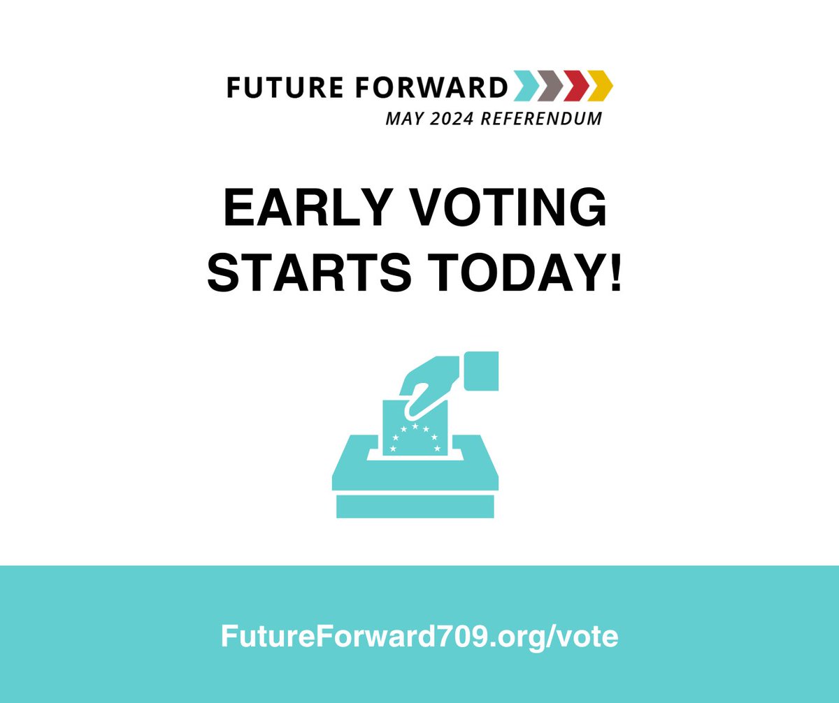 Early voting for the technology referendum on May 14 starts TODAY! Early voting is available in person and via absentee ballot. Don't miss this chance to skip the line on Election Day and make your voice heard!  Visit FutureForward709.org for information.

#FutureForward709