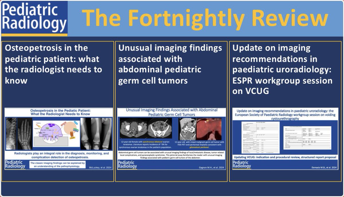 Continue leveling up your pediatric radiology knowledge with The Fortnightly Review! Full text links: rdcu.be/dBkz1 rdcu.be/dBkCb rdcu.be/dBkDb Topics: Osteopetrosis Germ cell tumors VCUG recommendations More: springer.com/journal/247