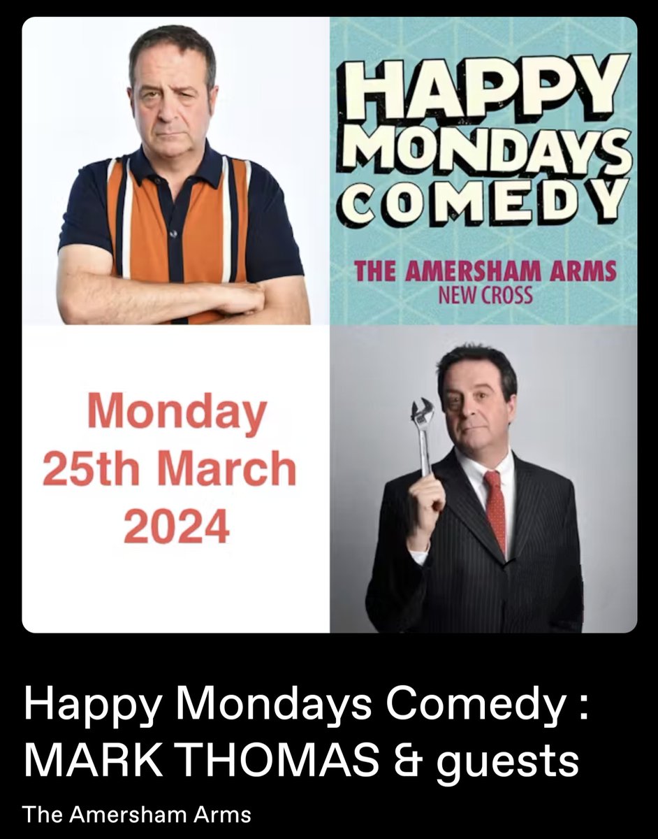 Back from Australia the wonderful @markthomasinfo returns to @HMComedyV2 in a couple of weeks time. Always a huge laugh. One not to miss 👍🏻😁❤️ dice.fm/partner/happy-…