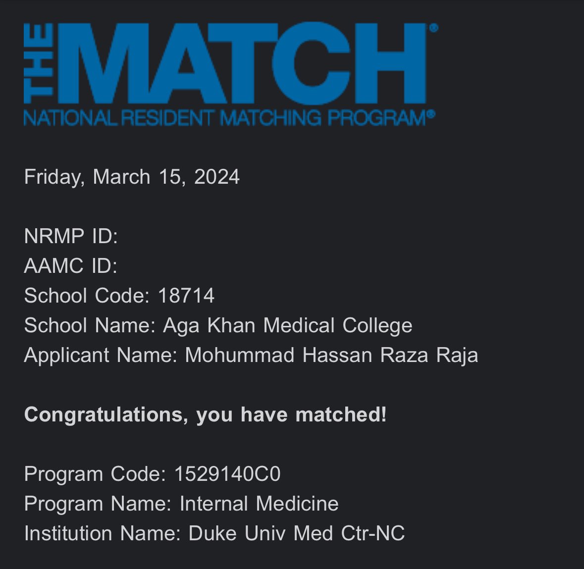 Beyond belief. Opened my email to find I had matched at my dream program @IMResidencyDuke!!! This one is for my friends, family and mentors (@ZainabASamad,@HarisMurad4) who have always had more faith in me than I have ever had in myself. Let's get to work💪🏽!! #Match2024