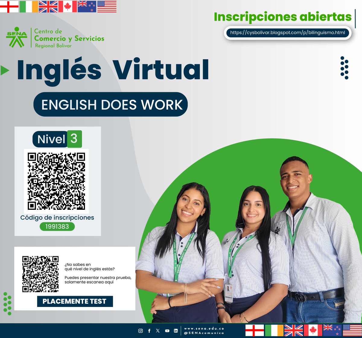 SENAenBolivar's tweet photo. #InglésSENA || El centro de Comercio y Servicios de 💚@SENAenBolivar oferta cursos virtuales de inglés en los niveles 1, 2, 3 y 4. ✍️¡Inscripciones abiertas! Para mayor información ingresa aquí: https://t.co/A1nvVdeZUw 🙋‍♀️ https://t.co/rij8DbxdlZ