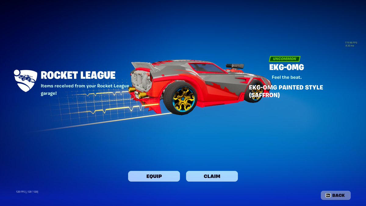 ItsADAMO_'s tweet photo. The EKG-OMG Safron trail is currently available in the Rocket League item shop until tomorrow 3pm. You get it in Fortnite too if you buy it.

It is unknown if it'll be sold in the Fortnite item shop, but it currently does not have any supported shop image. https://t.co/xCnP5IIfWd