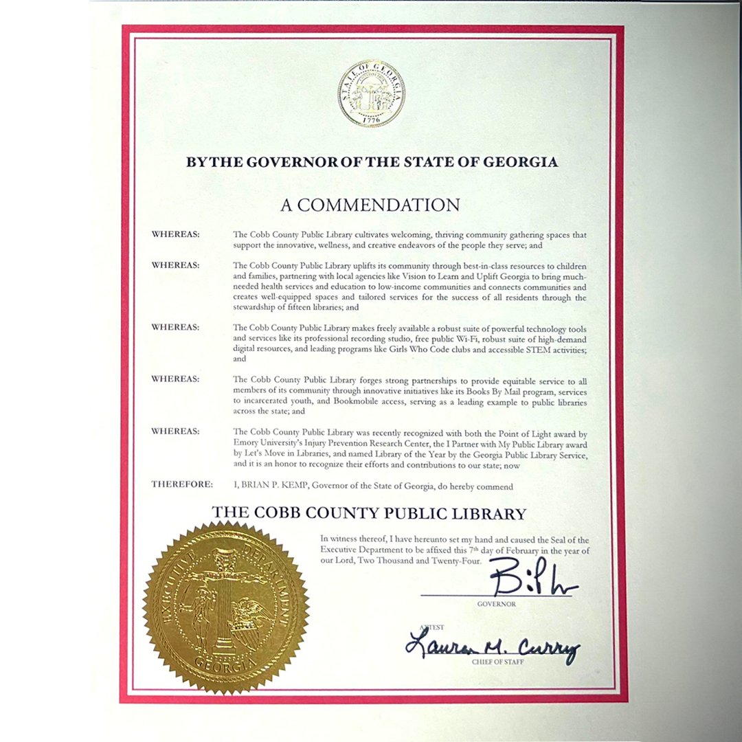 Congratulations to @cobblibrary for being named Georgia Library of the Year. In the commendation issued by @GovKemp to Cobb County Public Library, @VisionToLearn  is called a “best-in-class” resource for bringing children and families much-needed health vision care services.