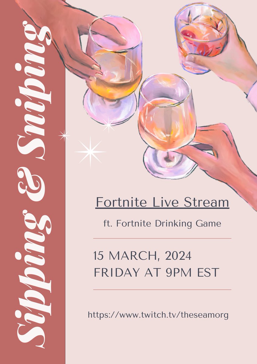 TheSeaMorg's tweet photo. Came across this Fortnite drinking game and I just so happened to have a stream tonight.... so why not play it with you all live.

Come over to https://t.co/TOIIIuy87N at 9pm est TONIGHT to participate. :D https://t.co/EZw03nmAuz