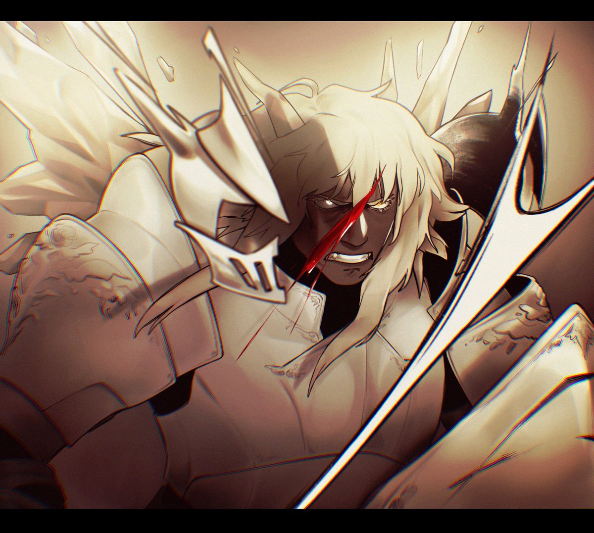 Katharpy's tweet image. The White Knight (Chalcedony) killed Dracula today in our lil oneshot to save their princess! But not without a new scar.